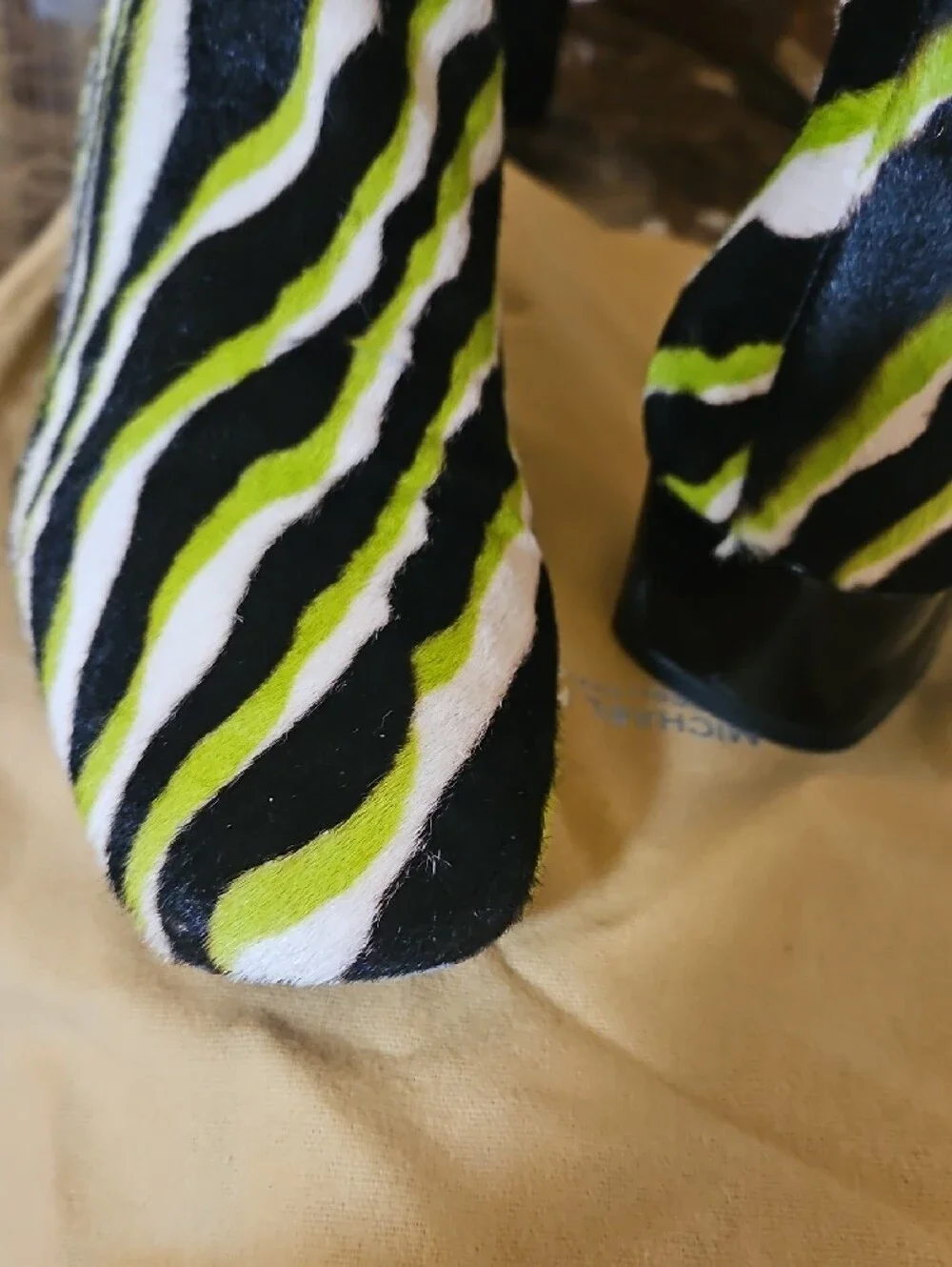 Michael Kors Black White Lime Zebra-Print Ankle Booties